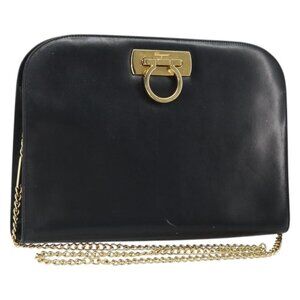Authentic Salvatore Ferragamo Gancini Chain Shoulder Bag Leather Black Gold